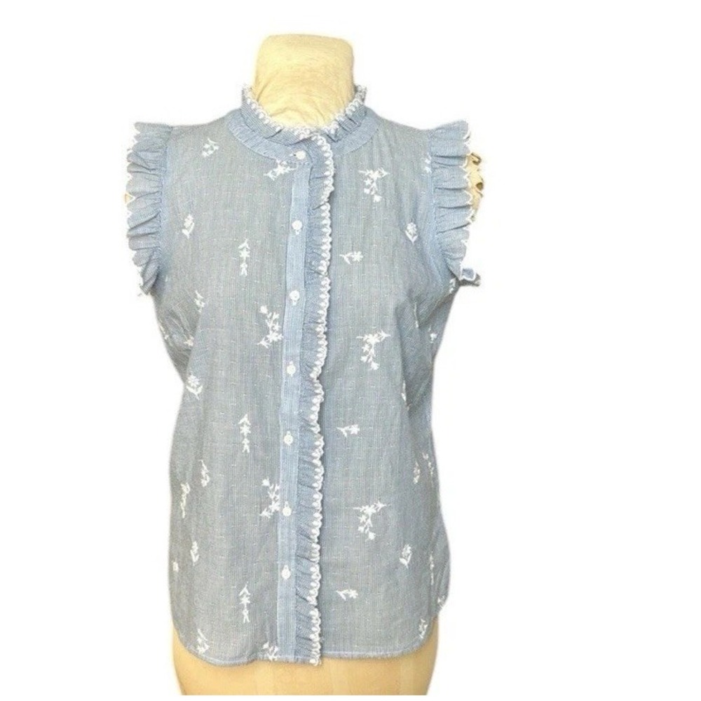 Talbots Petite Sleeveless Top Ruffle Trim Button‎ Front Blue Floral Blouse